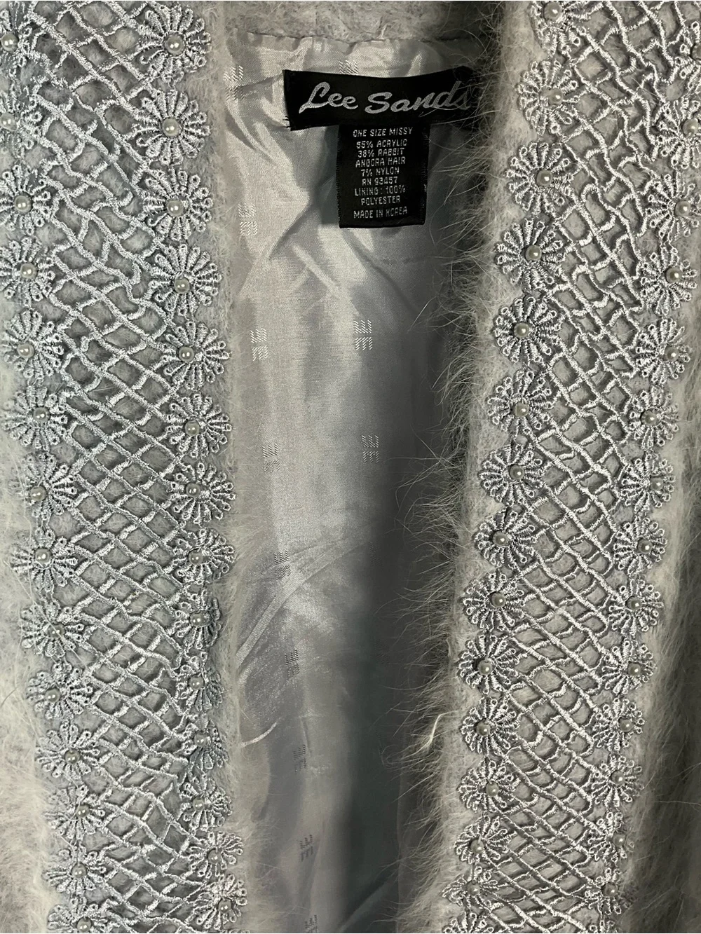 Vintage Lee Sands Angora Rabbit Hair Size OS Gray Sweater Coat Pearl Lace Trim